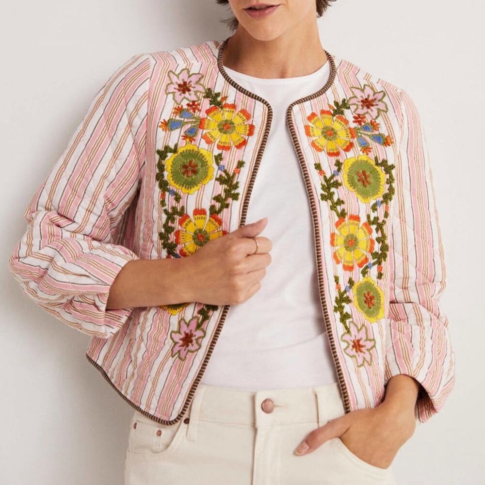 Boden Embroidered Striped Quilted Jacket Crop Length Beaded Pink White Sz XS